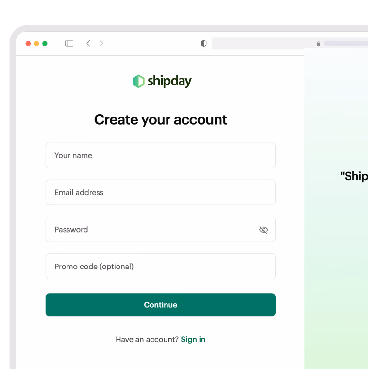 Shipday sign-up form